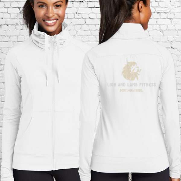 Lion and Lamb Bling Cowl Collar Stretch Full-Zip Jacket-White
